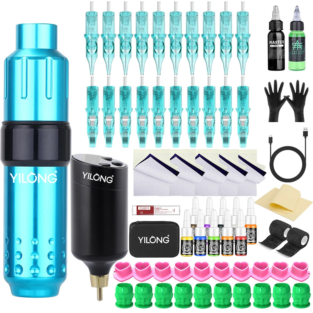 New Complete Tattoo Machine Kit Rotary Tattoo Pen Set with Power Supply Cartridge Needles Ink Makeup Tools for Tattoo Beginners